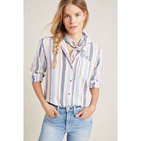 Anthropologie Maeve Womens Medium Chatham Striped Button Down Long Sleeve Pocket - Picture 3 of 13